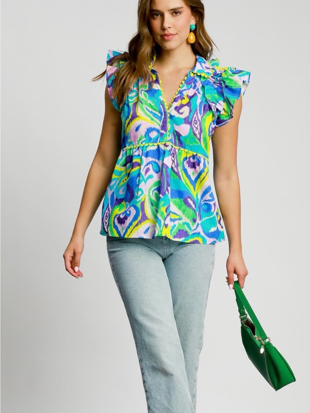 Umgee Multicolor Ruffle-Sleeve V-Neck Peplum Top